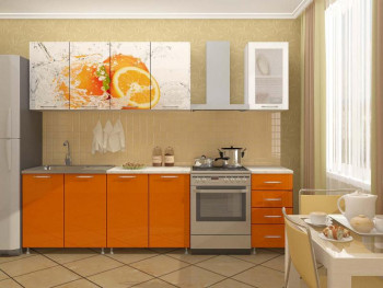Кухонный гарнитур 1,6м Апельсин (Белый/Оранжевый металлик/Фотопечать апельсин) в Медведске - medvedsk.mebel54.com | фото